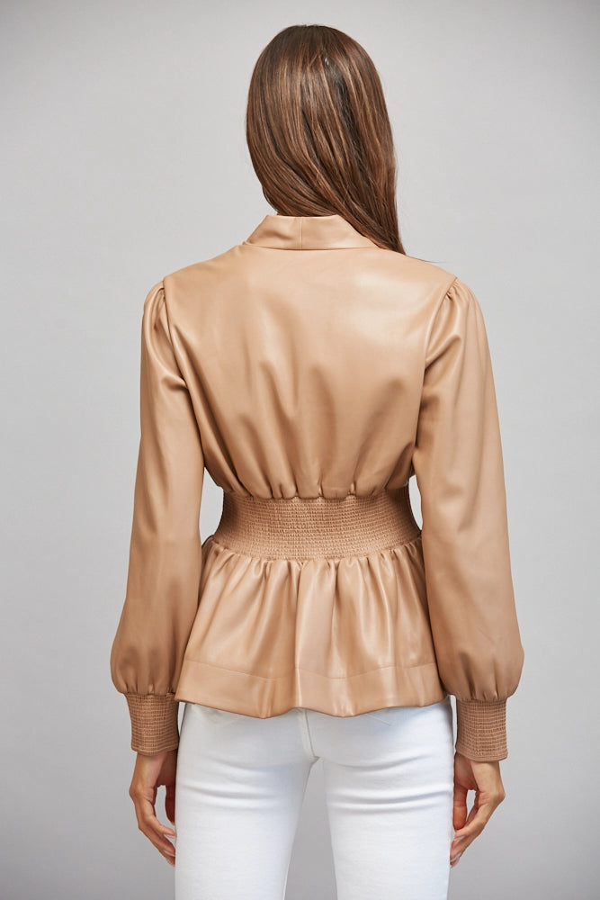 Faux Leather Smocked Waist Peplum Top- Latte