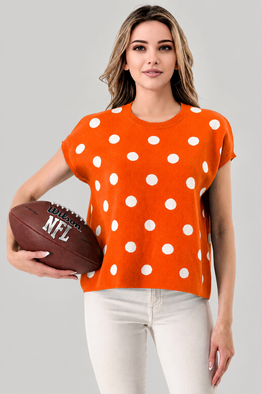Polka Dot Sweater Top- Orange/White