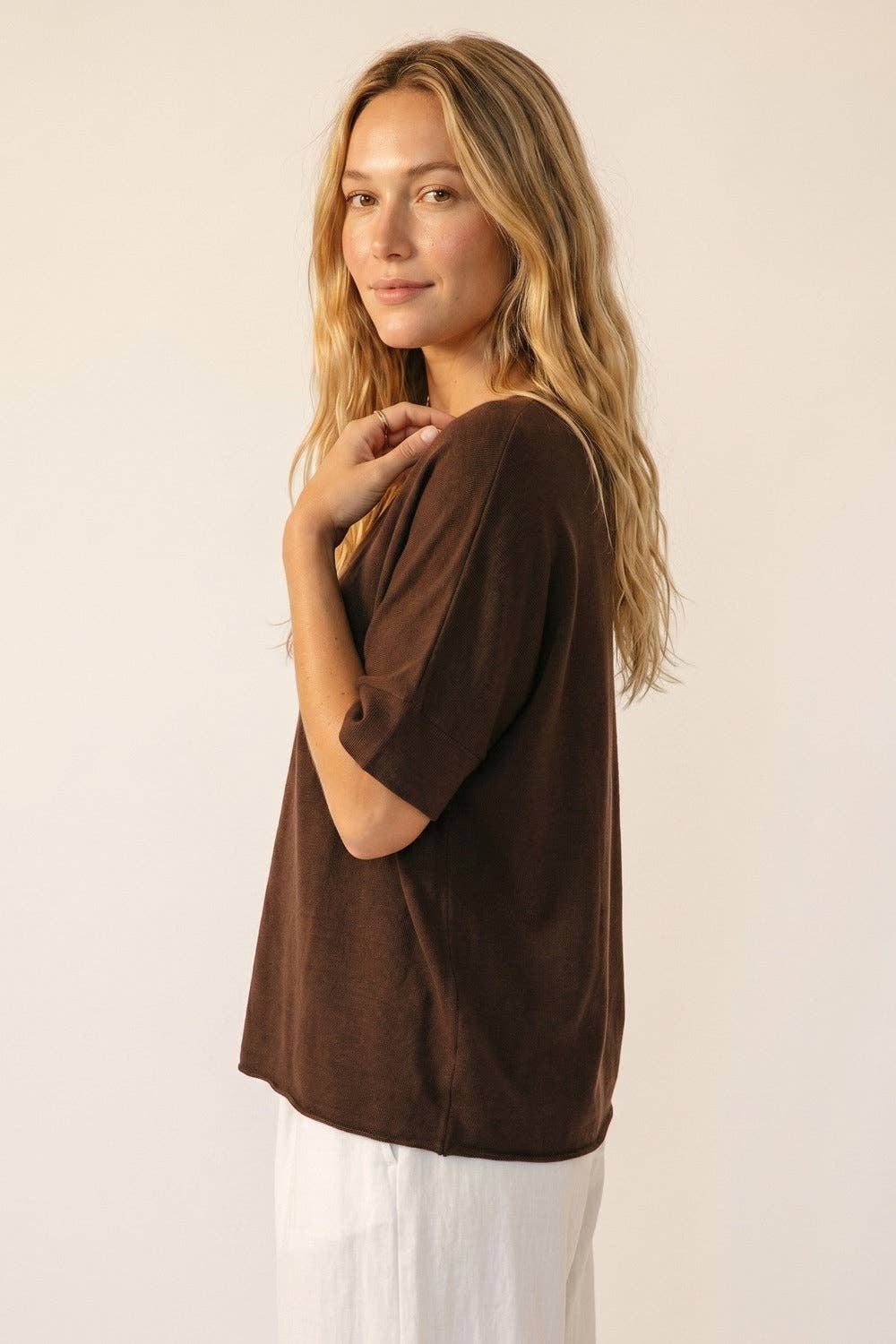 V-Neck Knit Top- Brown