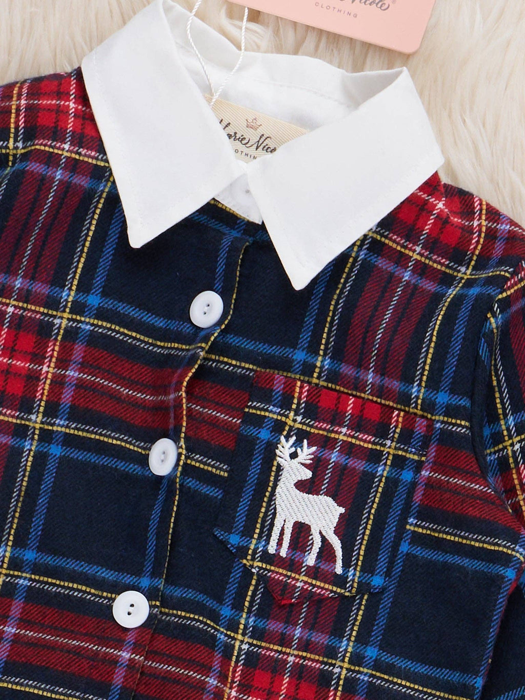 Christmas Reindeer Plaid Button-Up Shirt- Red/Blue