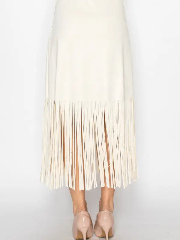 Faux Suede Skirt With Fringe Details- Beige