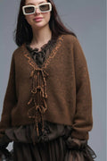 Knitted Cardigan with Leopard Embroidered Detail- Brown
