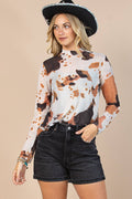 Cow Print Semi Sheer Long Sleeve Mock Neck Mesh Top