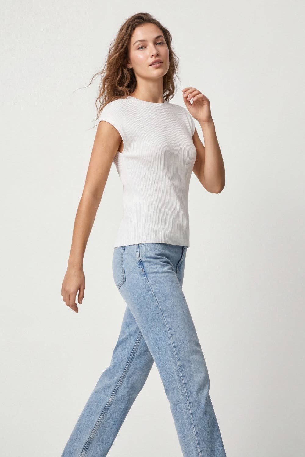 Ribbed Knit Slim Fit Sleeveless Sweater- White