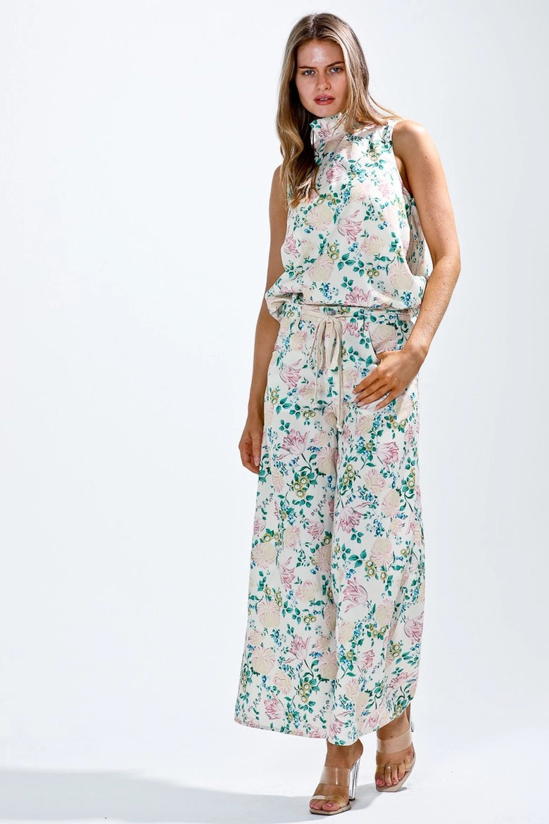 Waist String Flower Printed Wide Pants- Cream