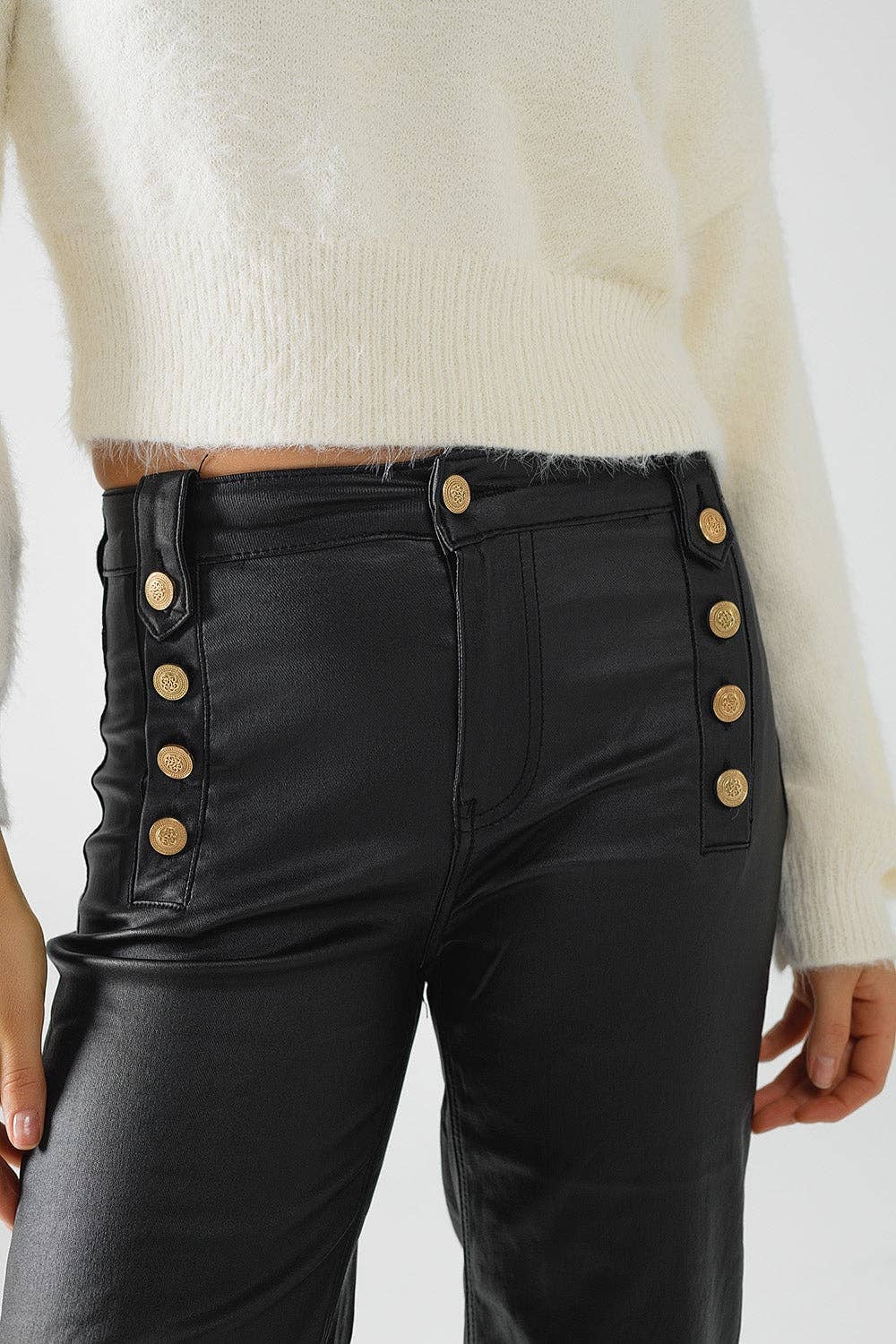 Faux Leather Trousers With Buttons- Black