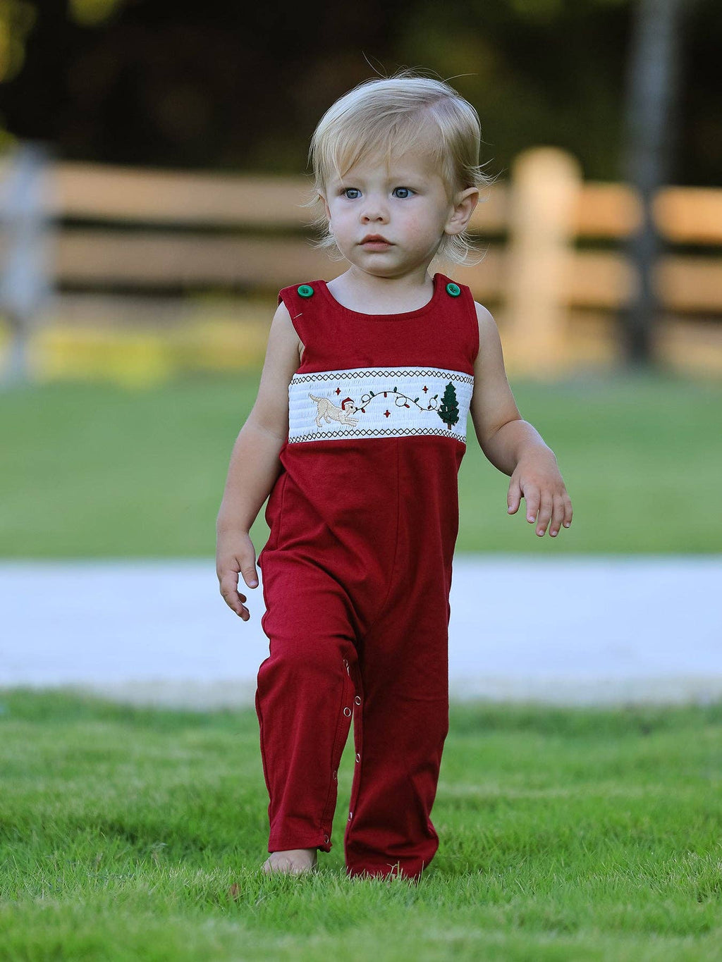 Christmas Tree Dog Embroidered Romper- Red