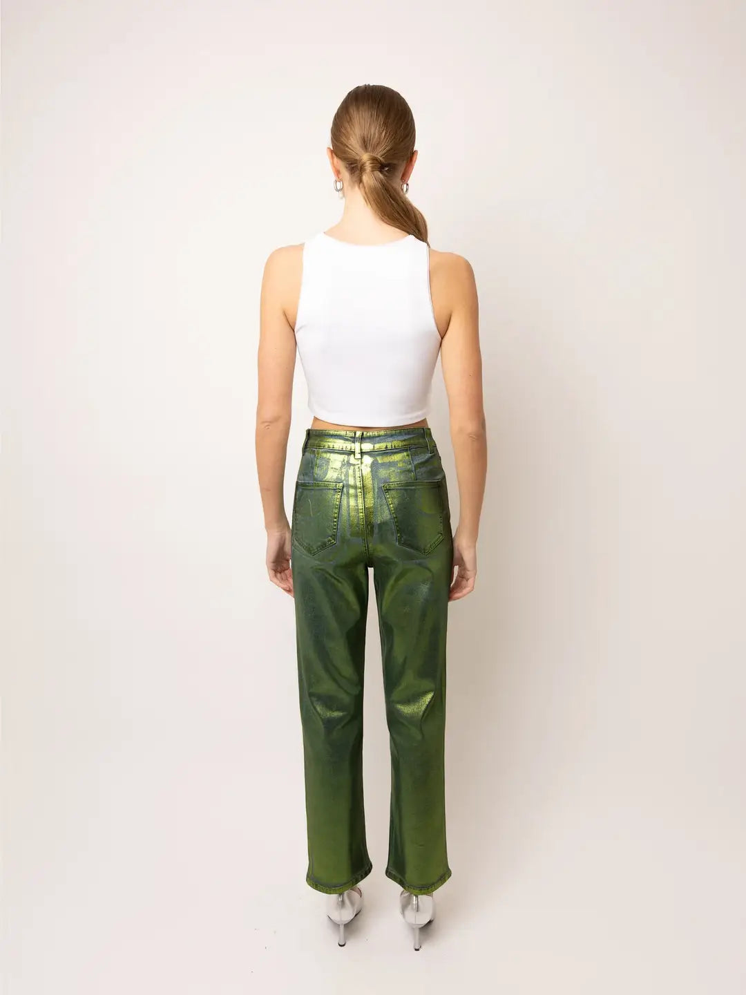Denim Foil Coated Pants- Green