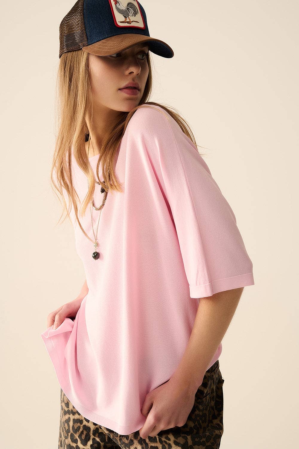 Oversized Sweater with Elbow-Length Sleeves- Pink