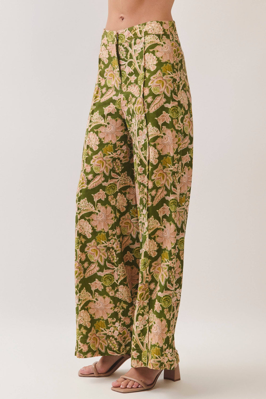 Floral Print Wide Leg Long Pants- Green