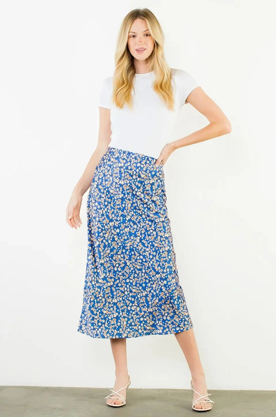 Satin Floral Skirt- Blue