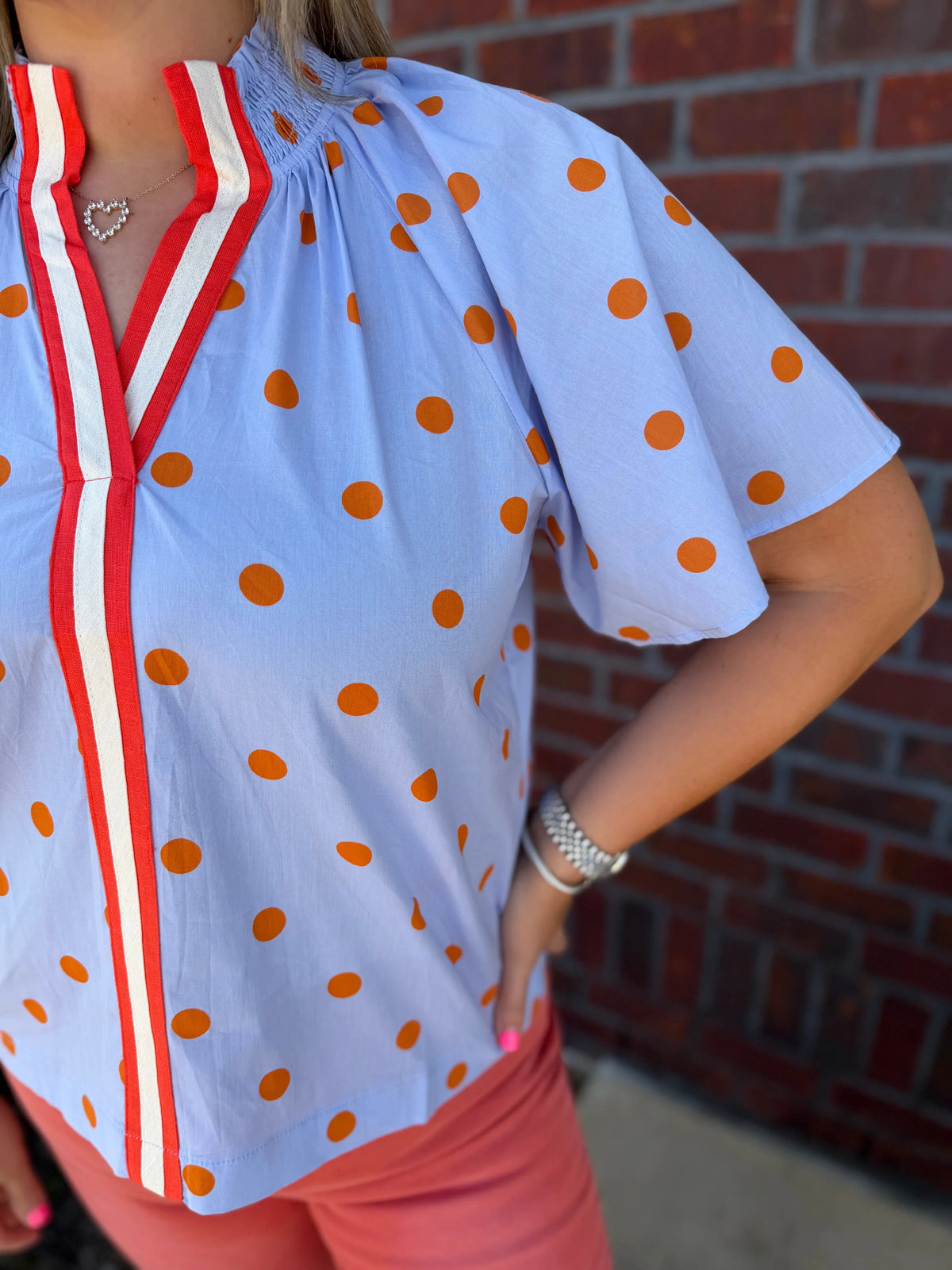 Short Sleeve Polka Dot & Striped Top- Blue