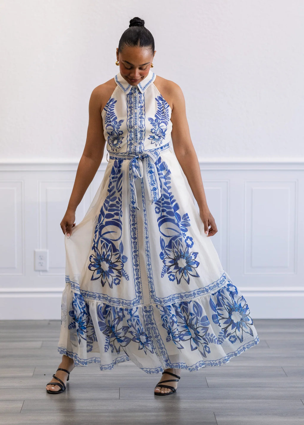 Printed Sleeveless Maxi Tie Dress- Blue