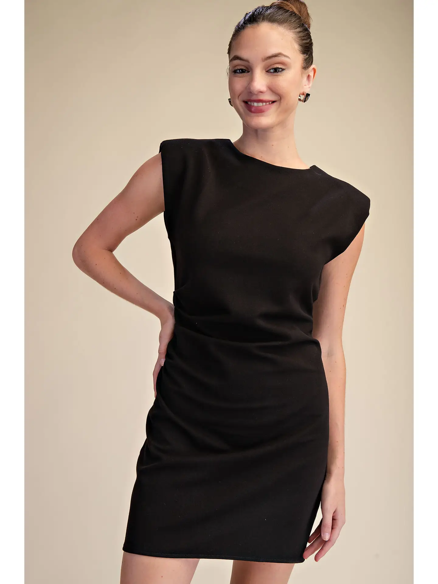 Ruched Fitted Stretchy Mini Dress- Black
