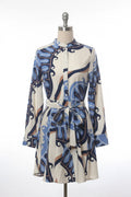 Long Sleeve Abstract Pattern Dress- Blue