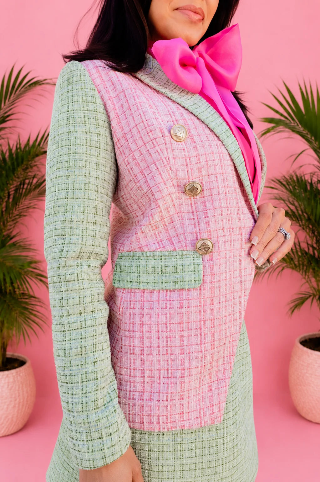 Colorblock Tweed Blazer- Pink/Green