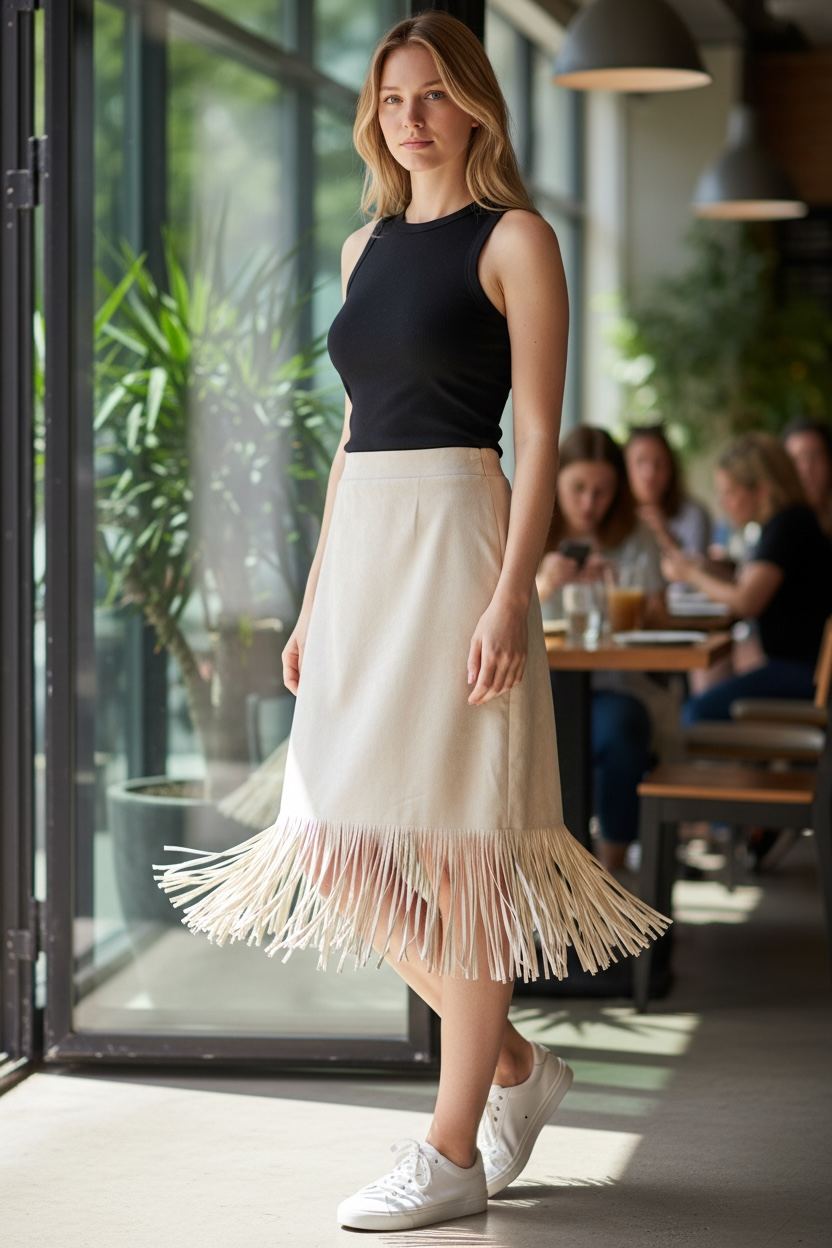 Faux Suede Skirt With Fringe Details- Beige