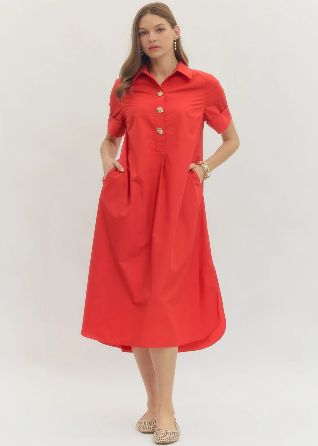 Three Button Midi Dress- Red