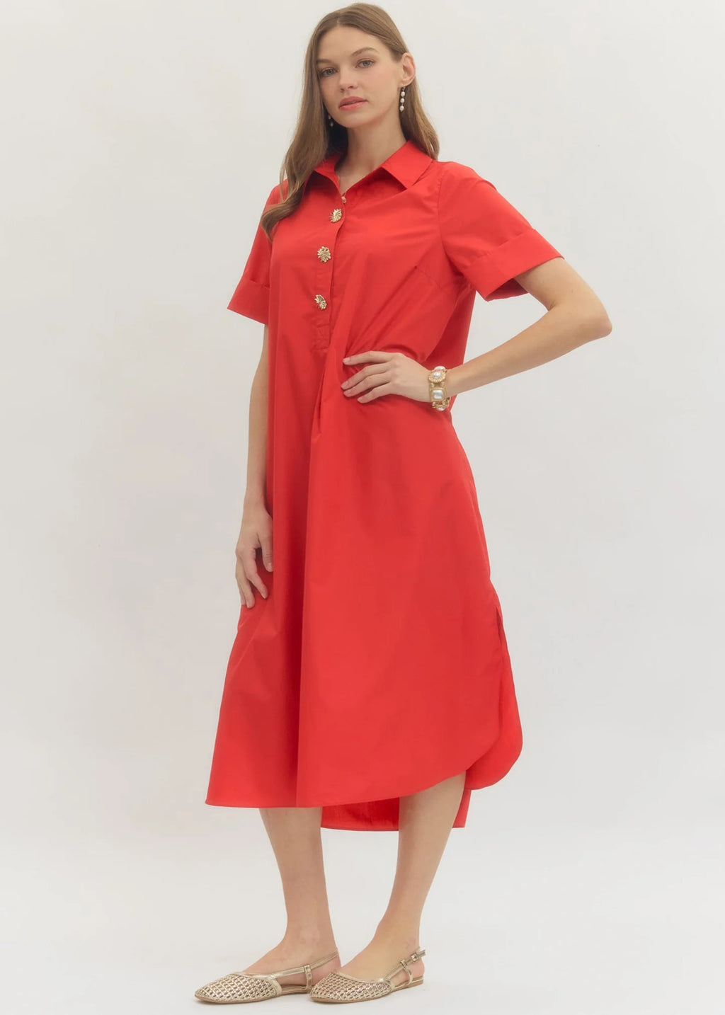 Three Button Midi Dress- Red