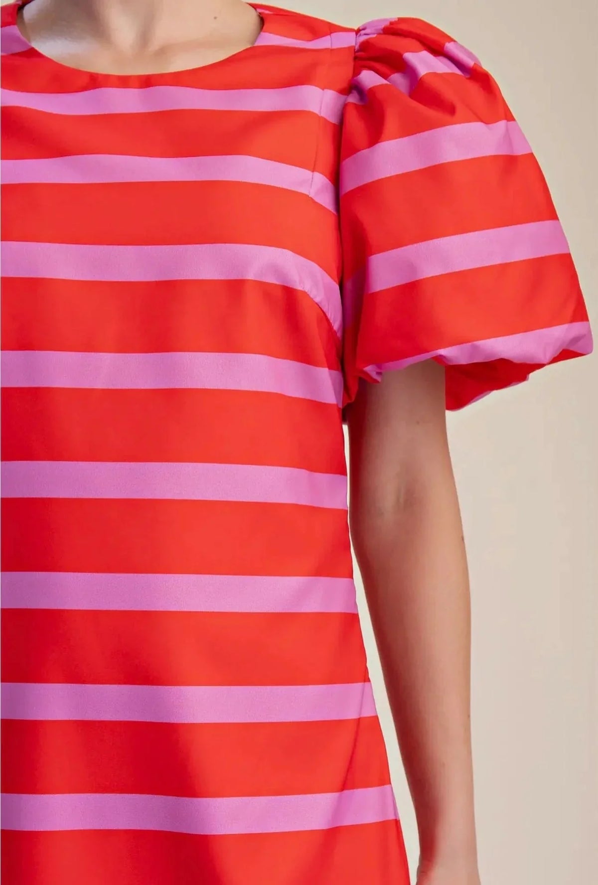 Puff-Sleeve Side Slit Maxi Dress- Pink/Red
