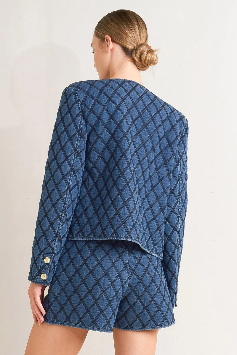A-Quilted Woven Jacket & Short Set- Denim Blue