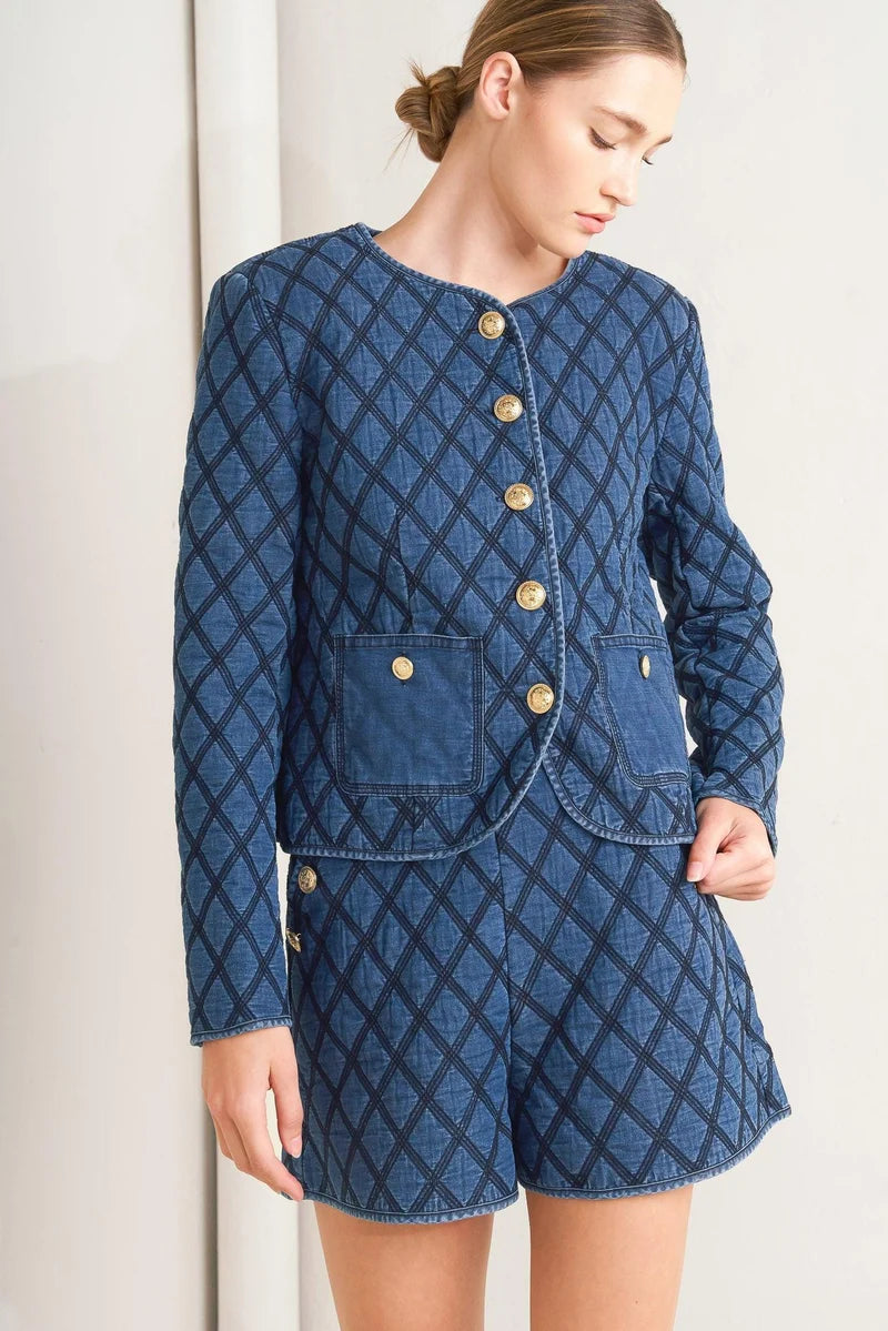 A-Quilted Woven Jacket & Short Set- Denim Blue