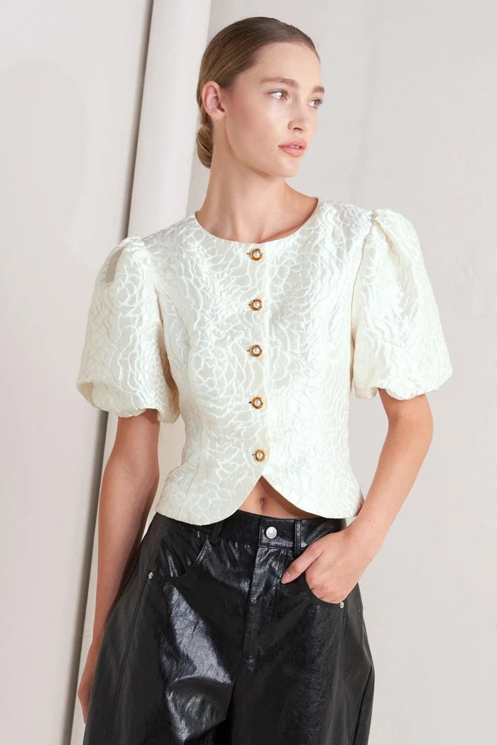 Textured Puff Sleeve Top- Cream