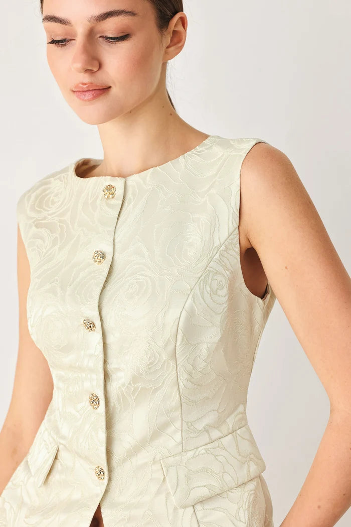 Floral Woven Vest- Cream/Gold