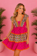 Rainbow Parquet and Pink Eyelet Ruffle Dress
