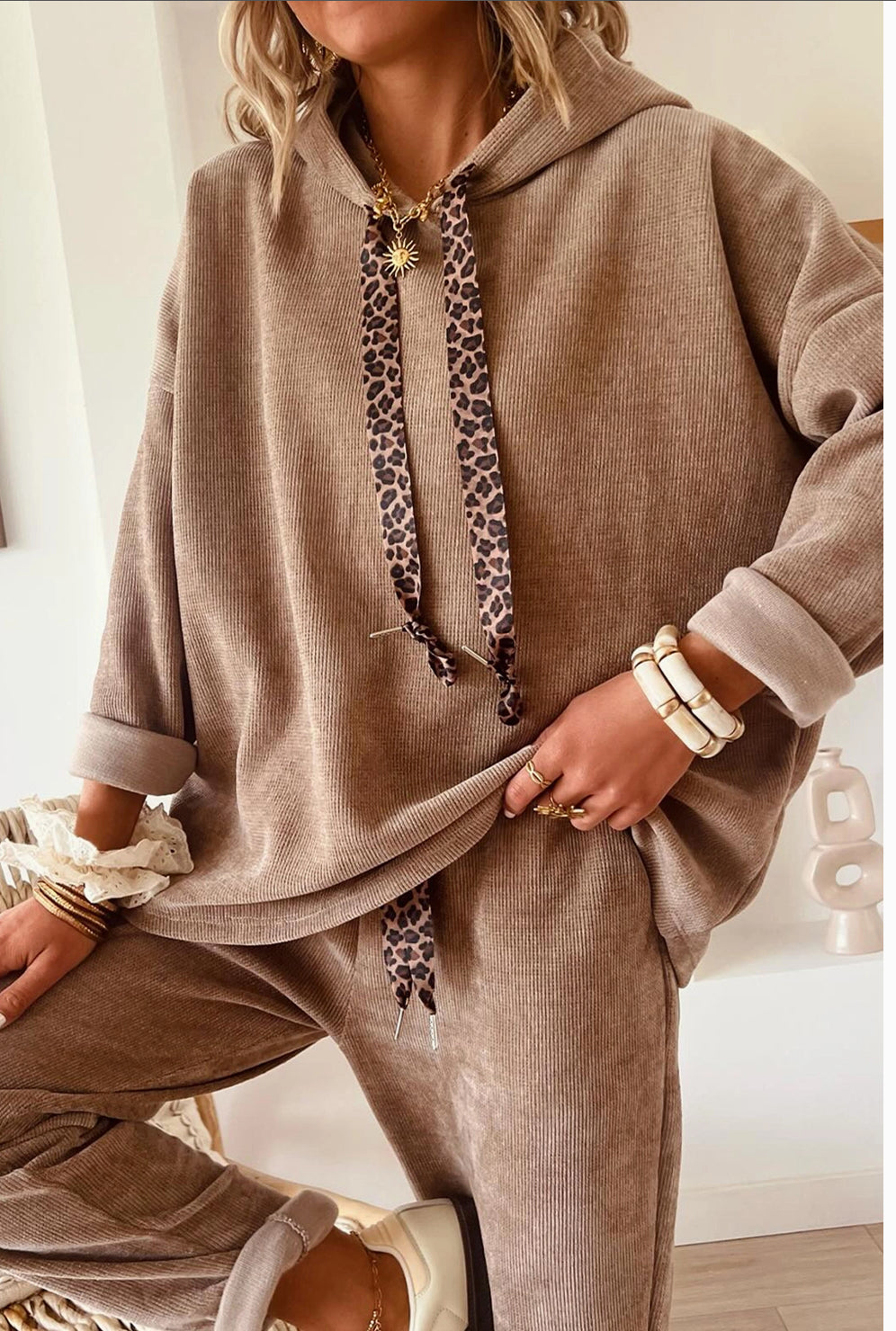 Drawstring Pullover Hoodie and High Waist Pants Corduroy Set