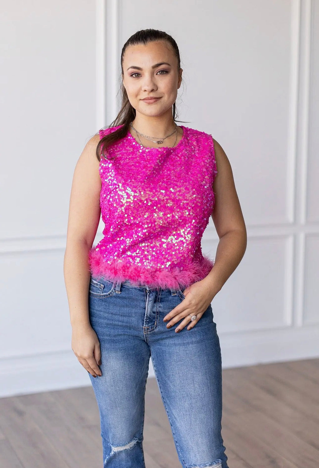Feather Or Not Sequin Crop With Feather Trim