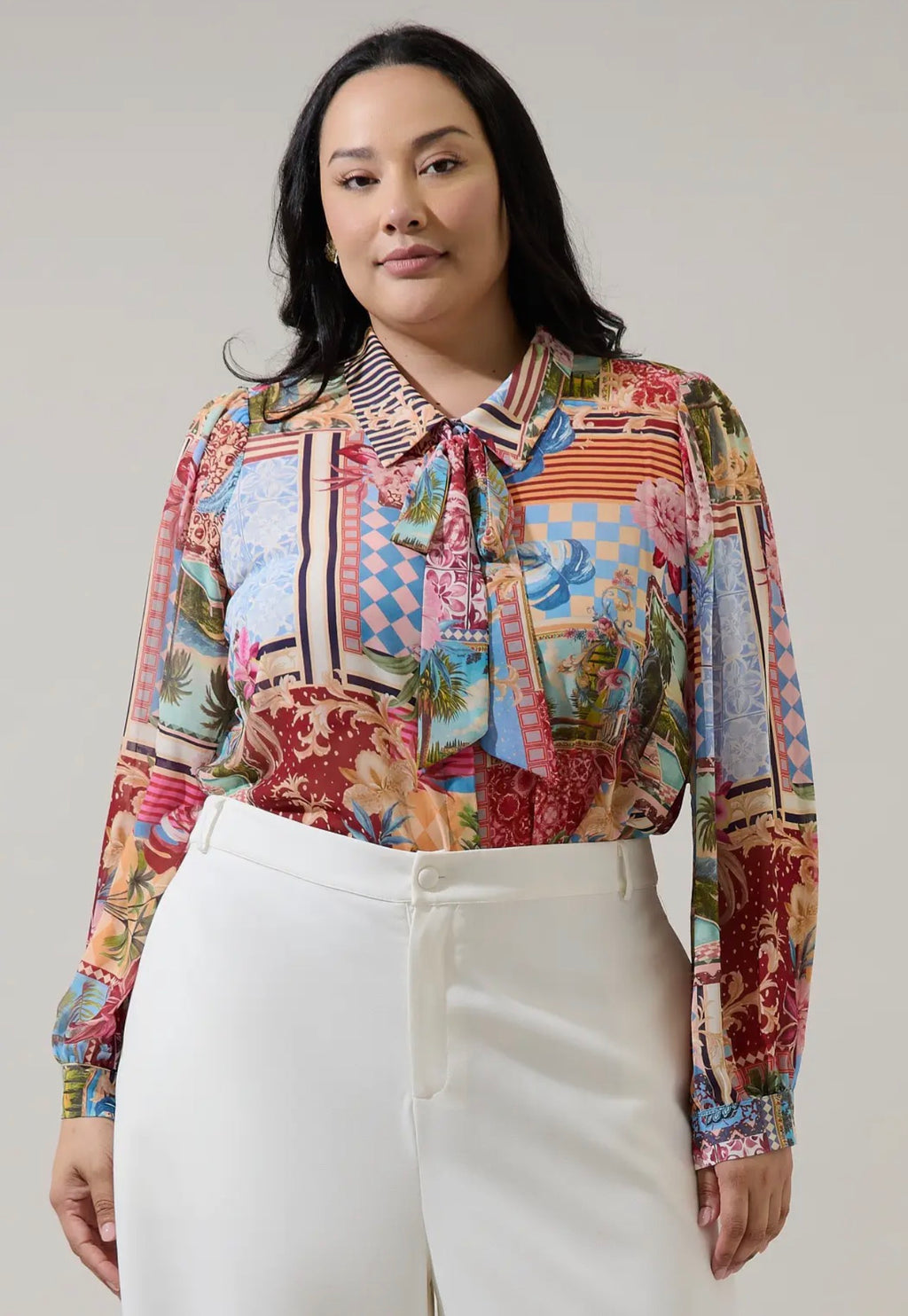 Melani Tropical Marta Long Sleeve Collared Blouse