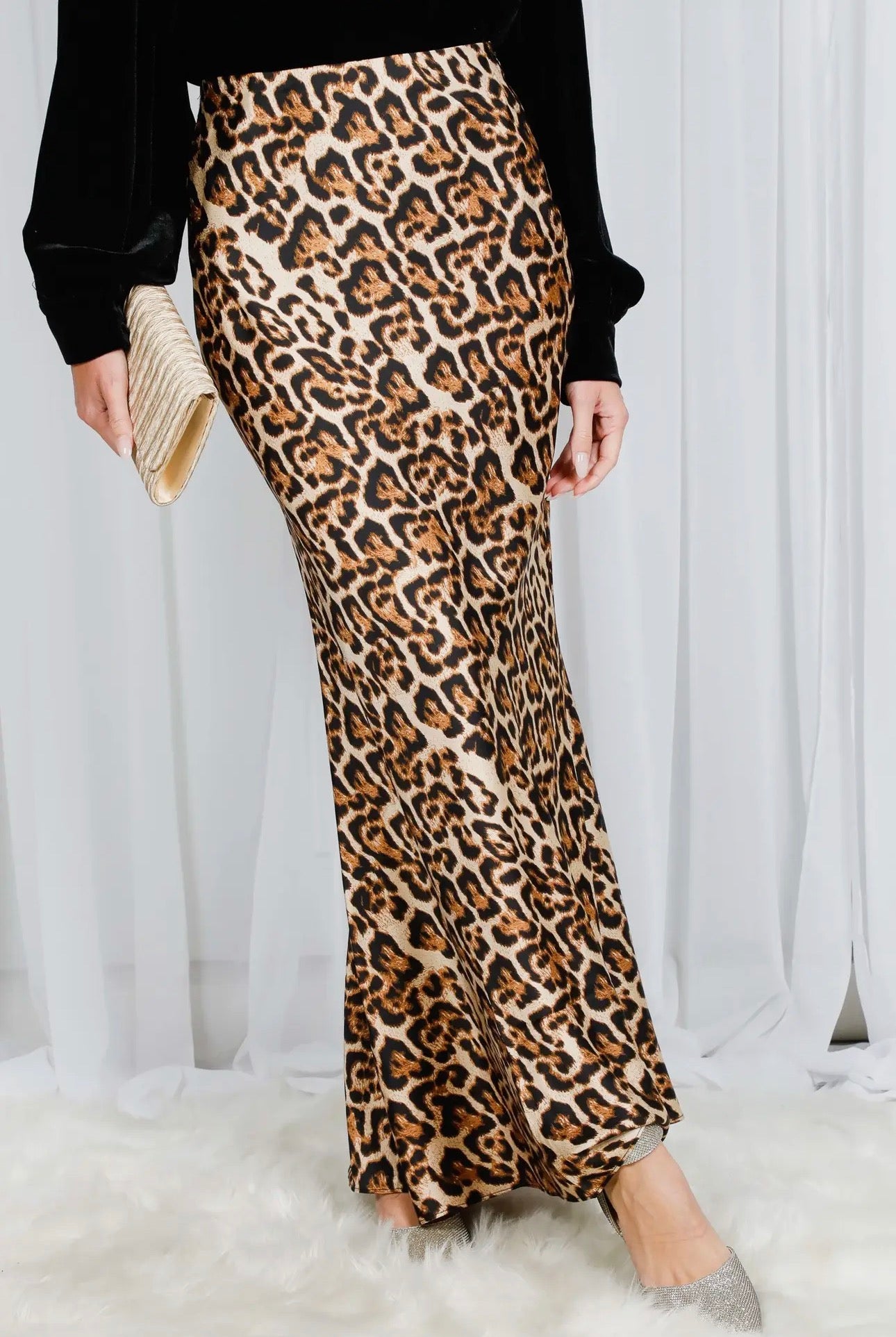 Leopard Print Bias Cut Satin Maxi Skirt- Brown
