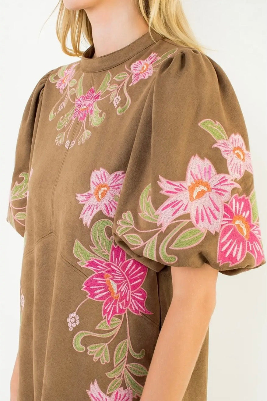 Suede Floral Embroidered Mini Dress