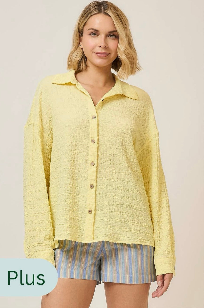Plus Size Crinkle Woven Button Down Top with Lace Up Back- Yellow