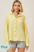 Plus Size Crinkle Woven Button Down Top with Lace Up Back- Yellow