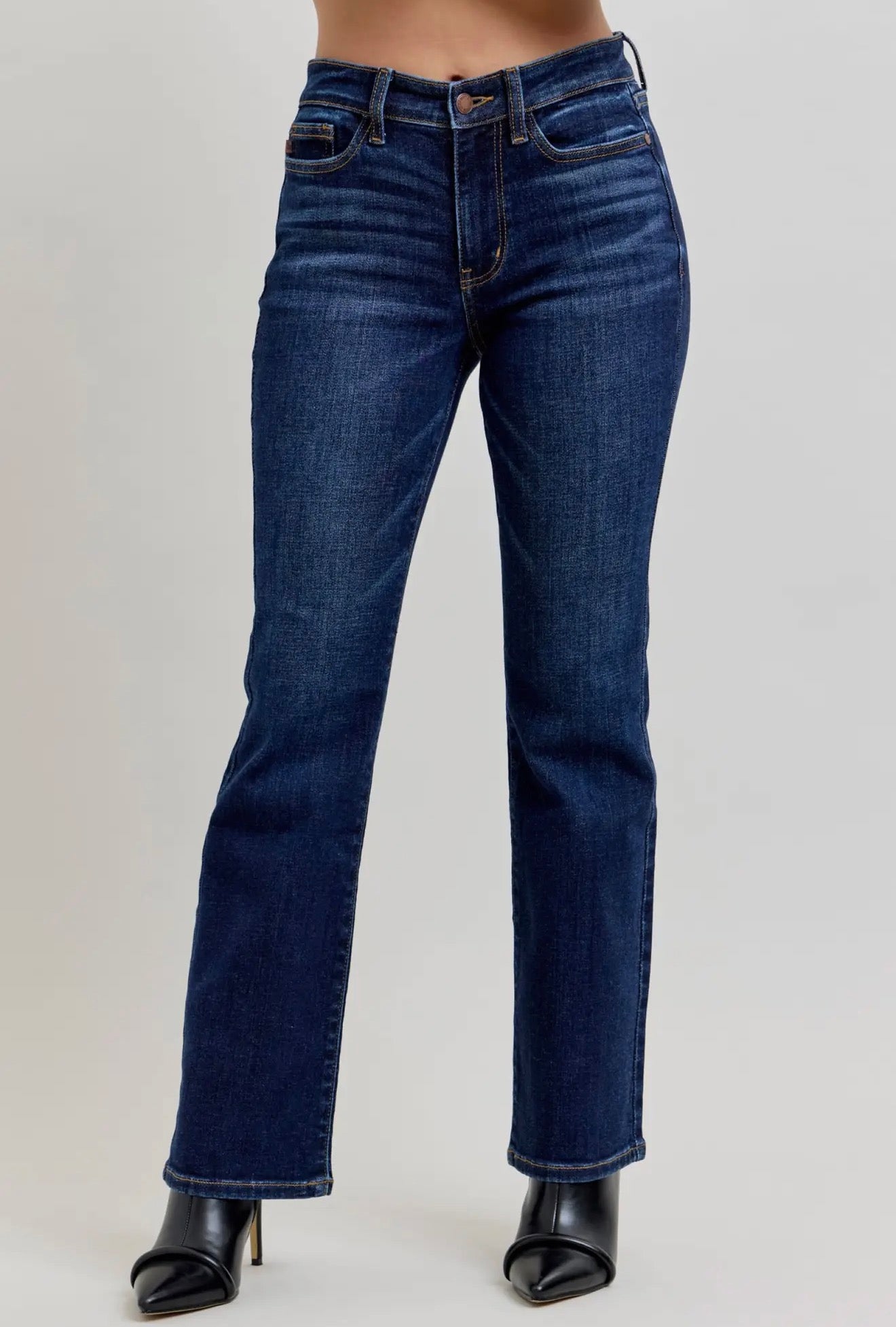 Mid Rise Dark Wash Classic Bootcut, Petite Inseam Jeans