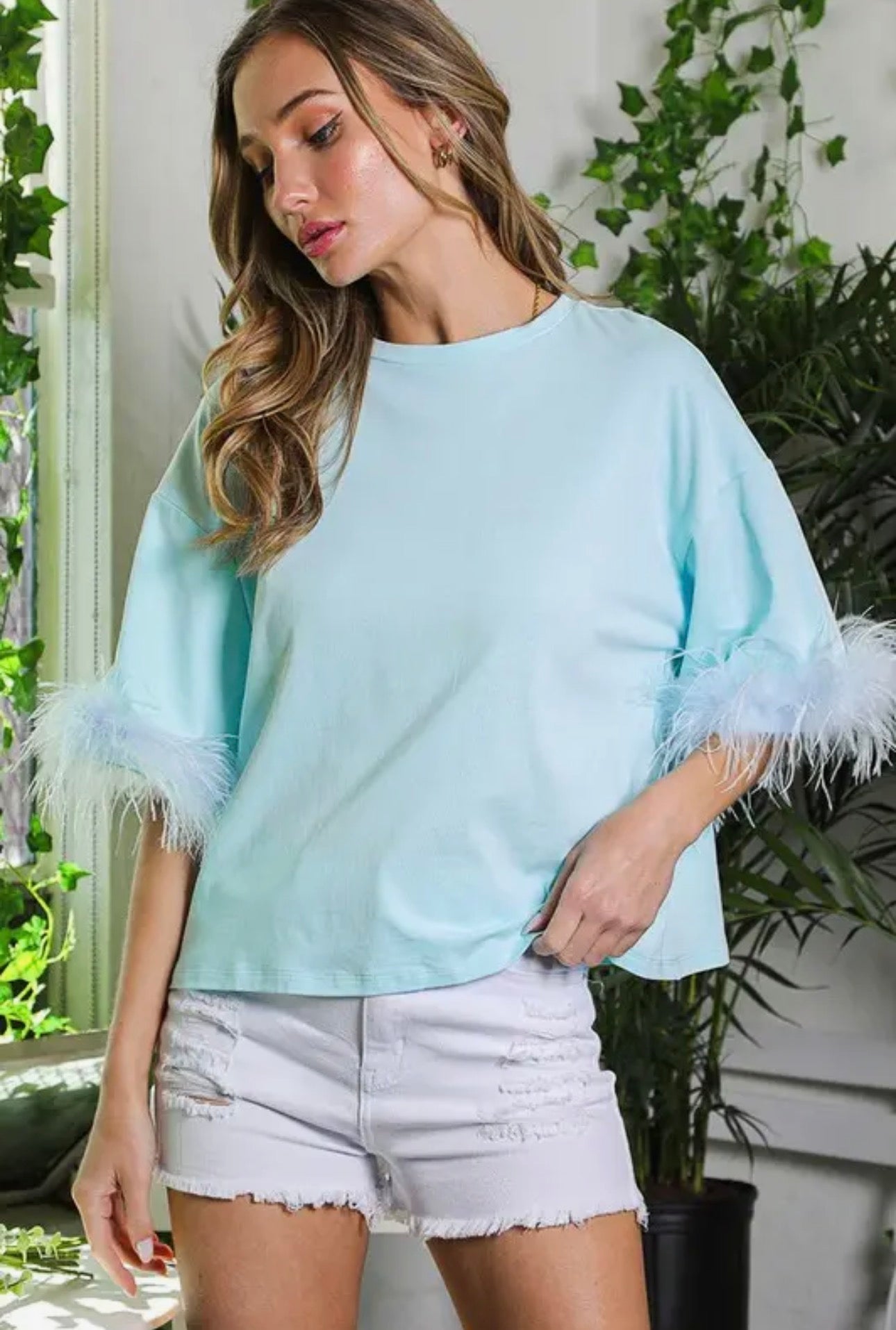 Feather Cuffs Cotton Knit Top