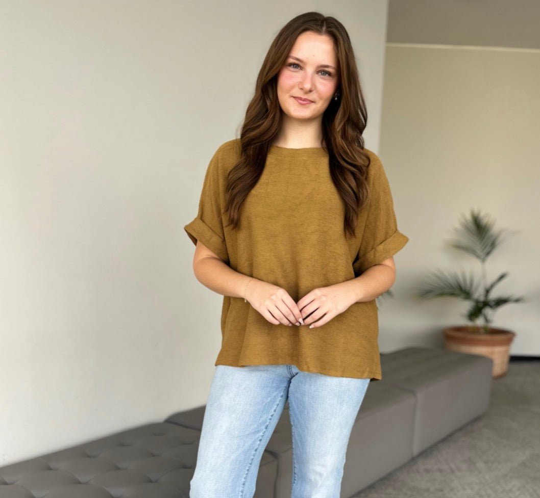 Basic Cuff Sleeve Top- Honey Gold