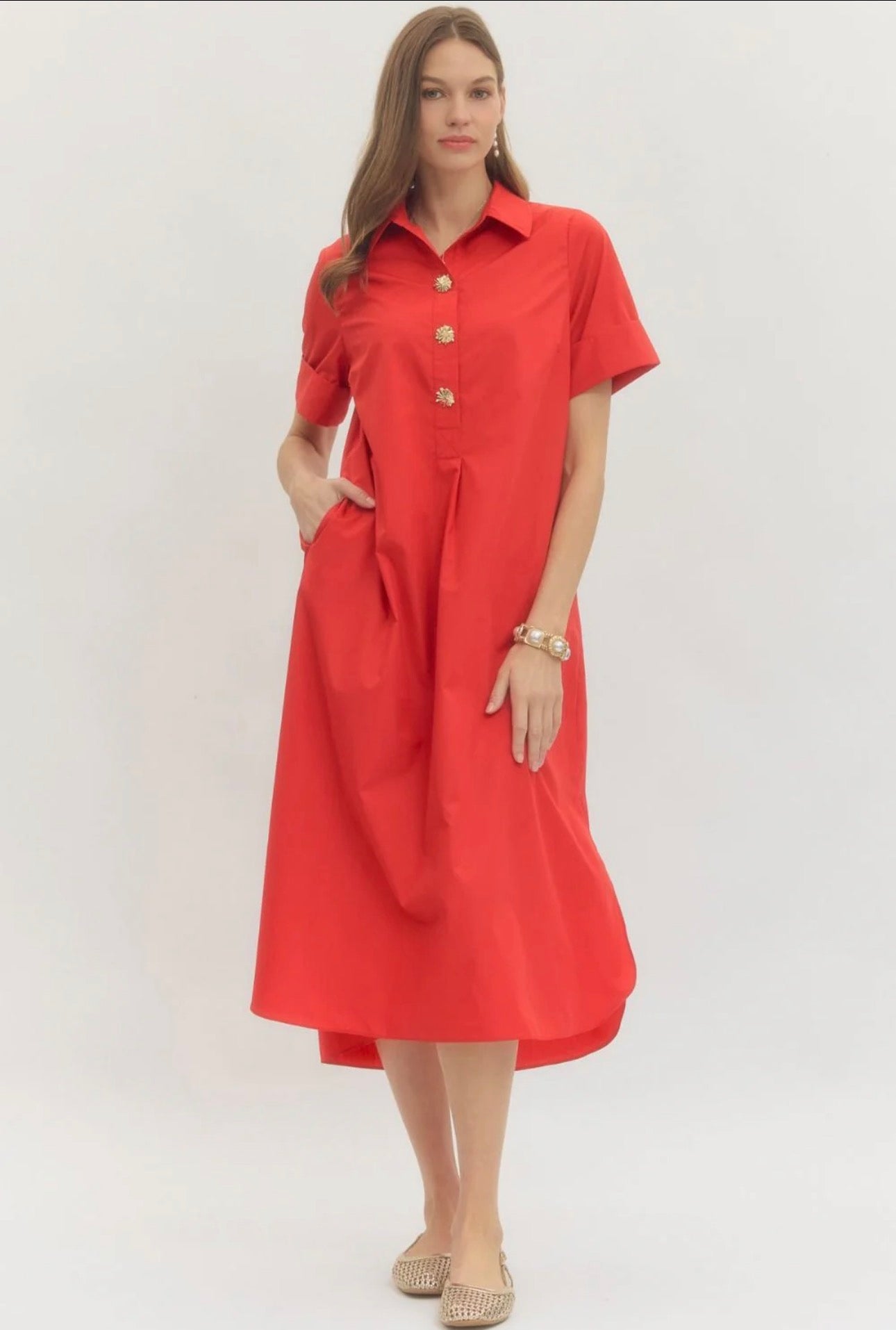 Solid Short Sleeve Midi Dress Three Accent Buttons- Red