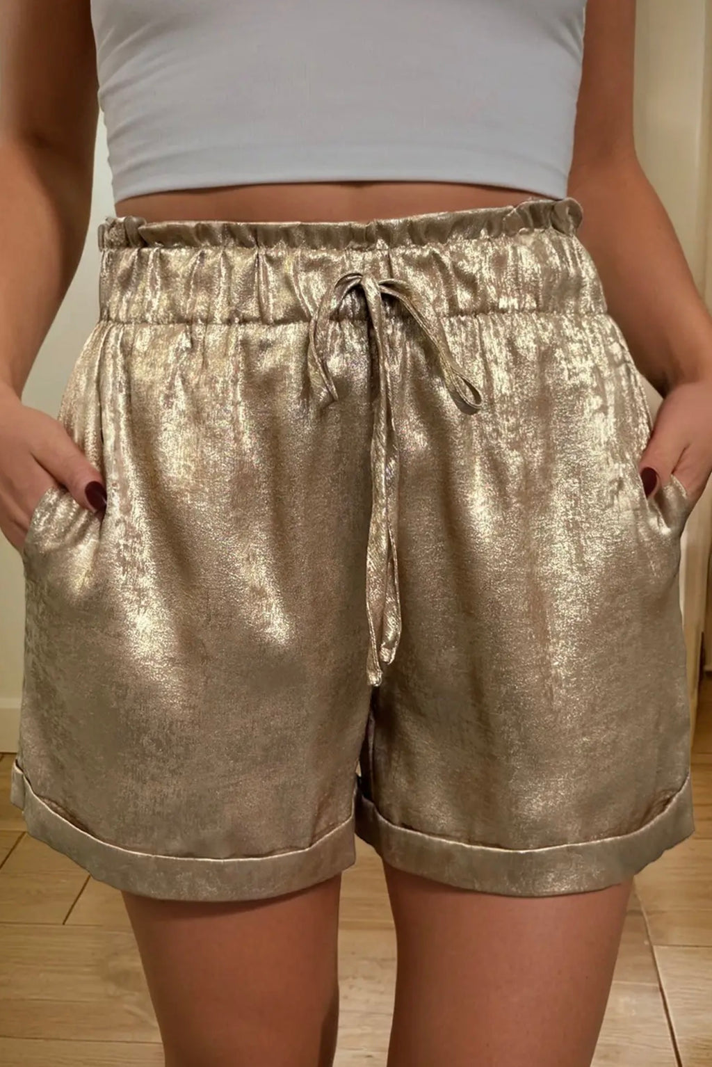 Tie Elastic Waist High Waisted Shorts- Gold