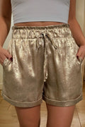 Tie Elastic Waist High Waisted Shorts- Gold