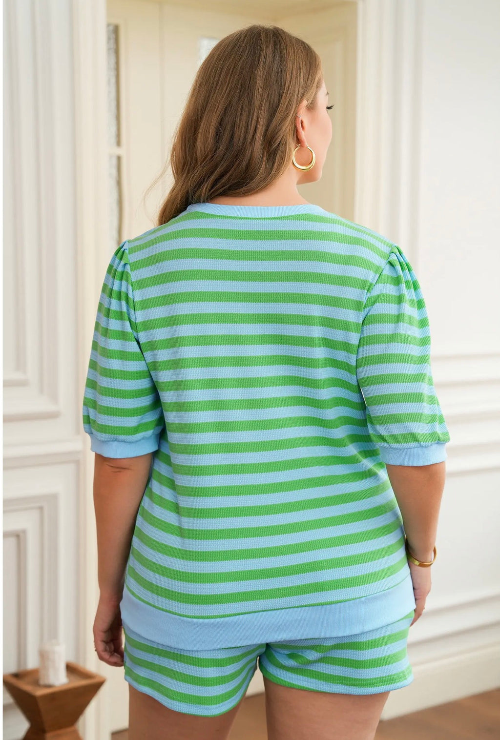 Striped Puff Sleeve Two Piece Set- Green