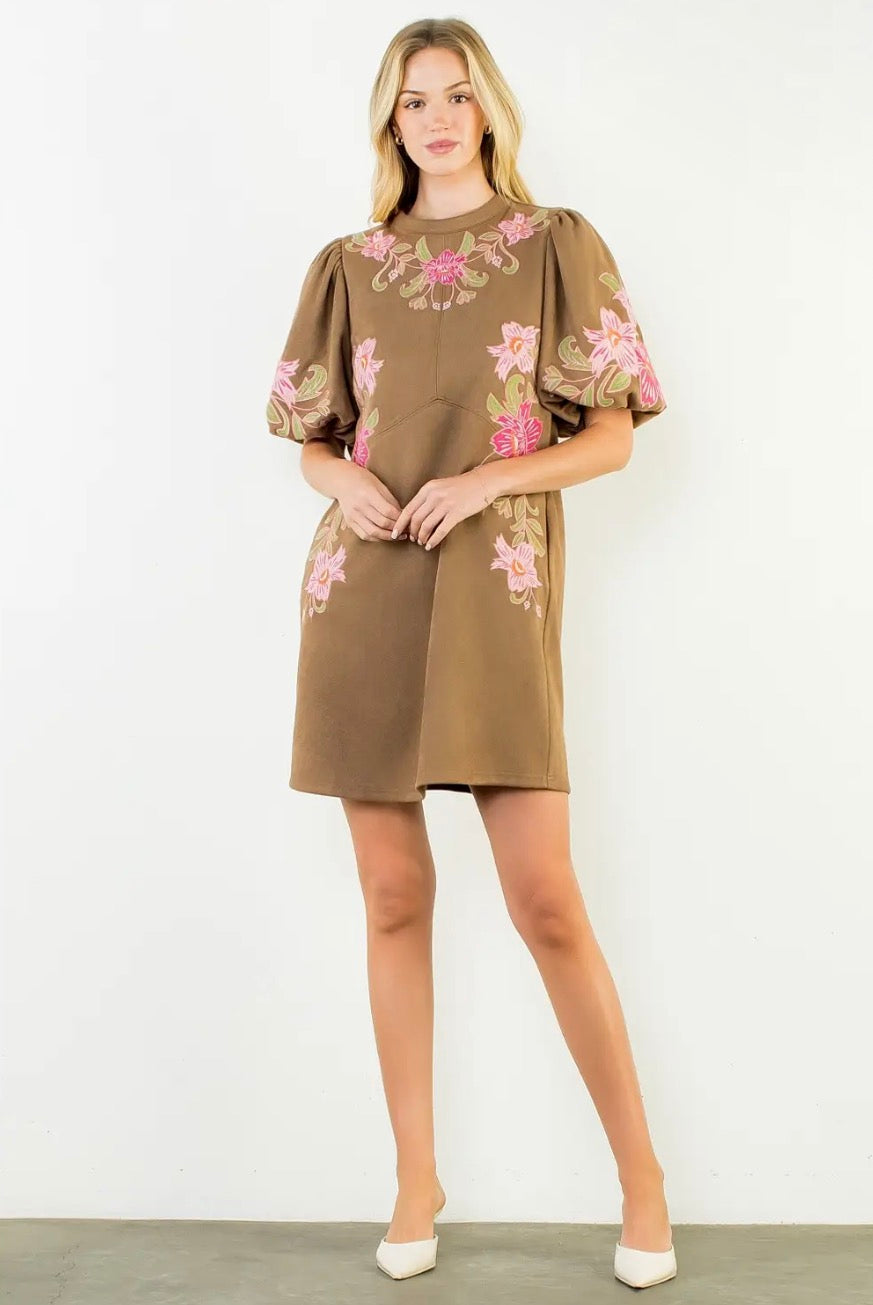 Suede Floral Embroidered Mini Dress