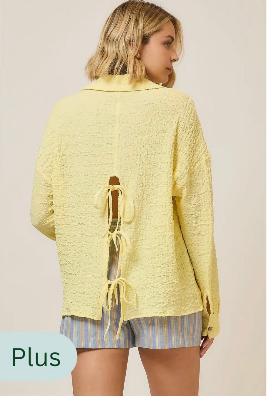 Plus Size Crinkle Woven Button Down Top with Lace Up Back- Yellow
