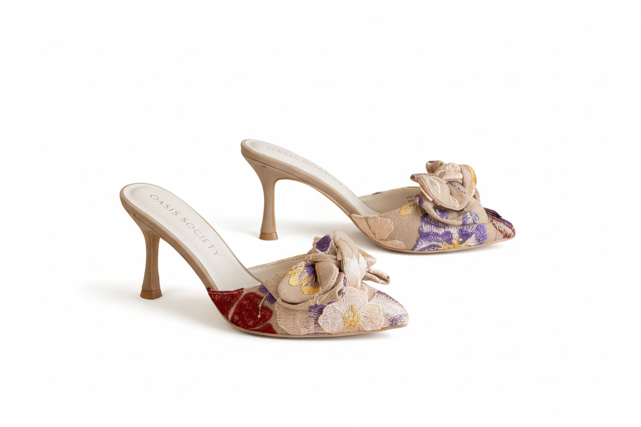 The Jane Floral Pointed Toe Bow Accent Kitten Heel