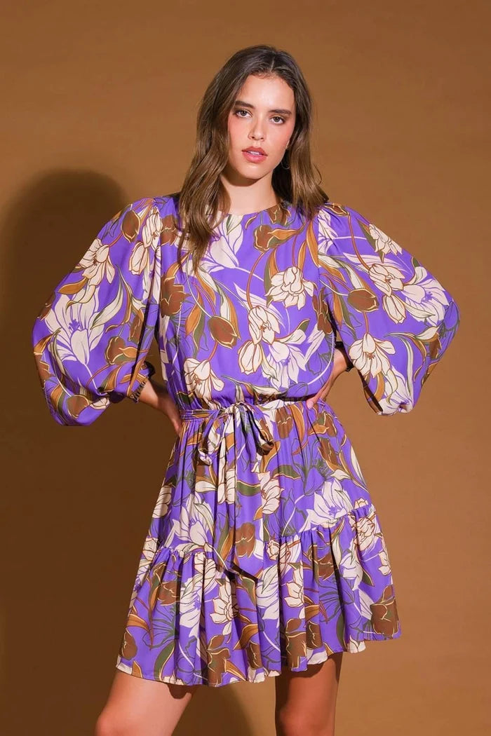 Floral Long Sleeve Mini Dress- Purple
