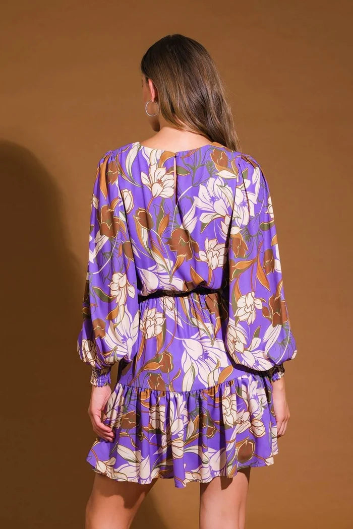 Floral Long Sleeve Mini Dress- Purple