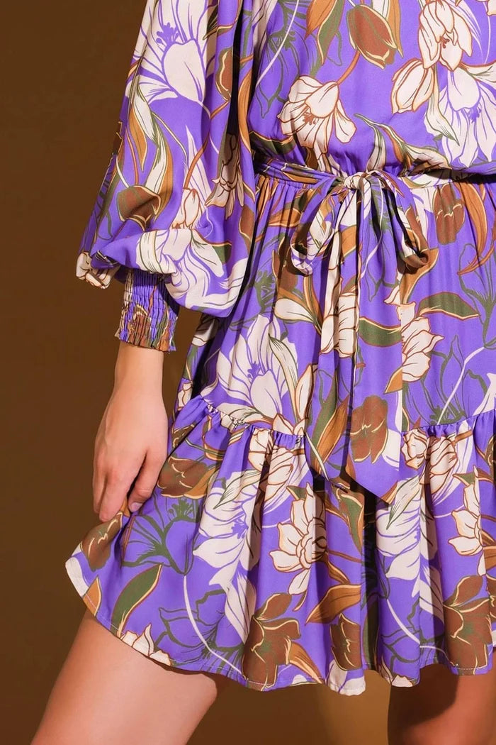 Floral Long Sleeve Mini Dress- Purple
