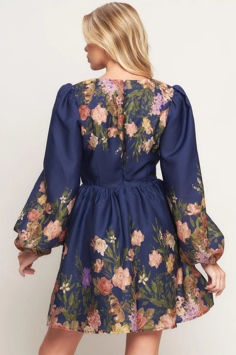 Long Sleeve Floral Printed Mini Dress- Navy